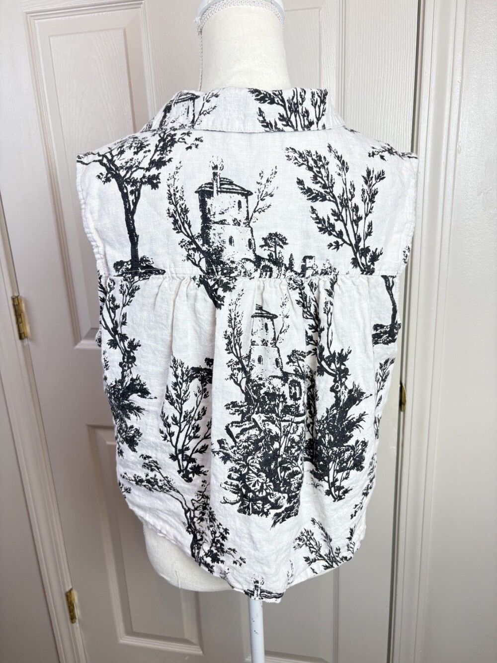 Joie 100% Linen Toile Print Black Ivory Sleeveless Button Up Large - 463 - Picture 4 of 6